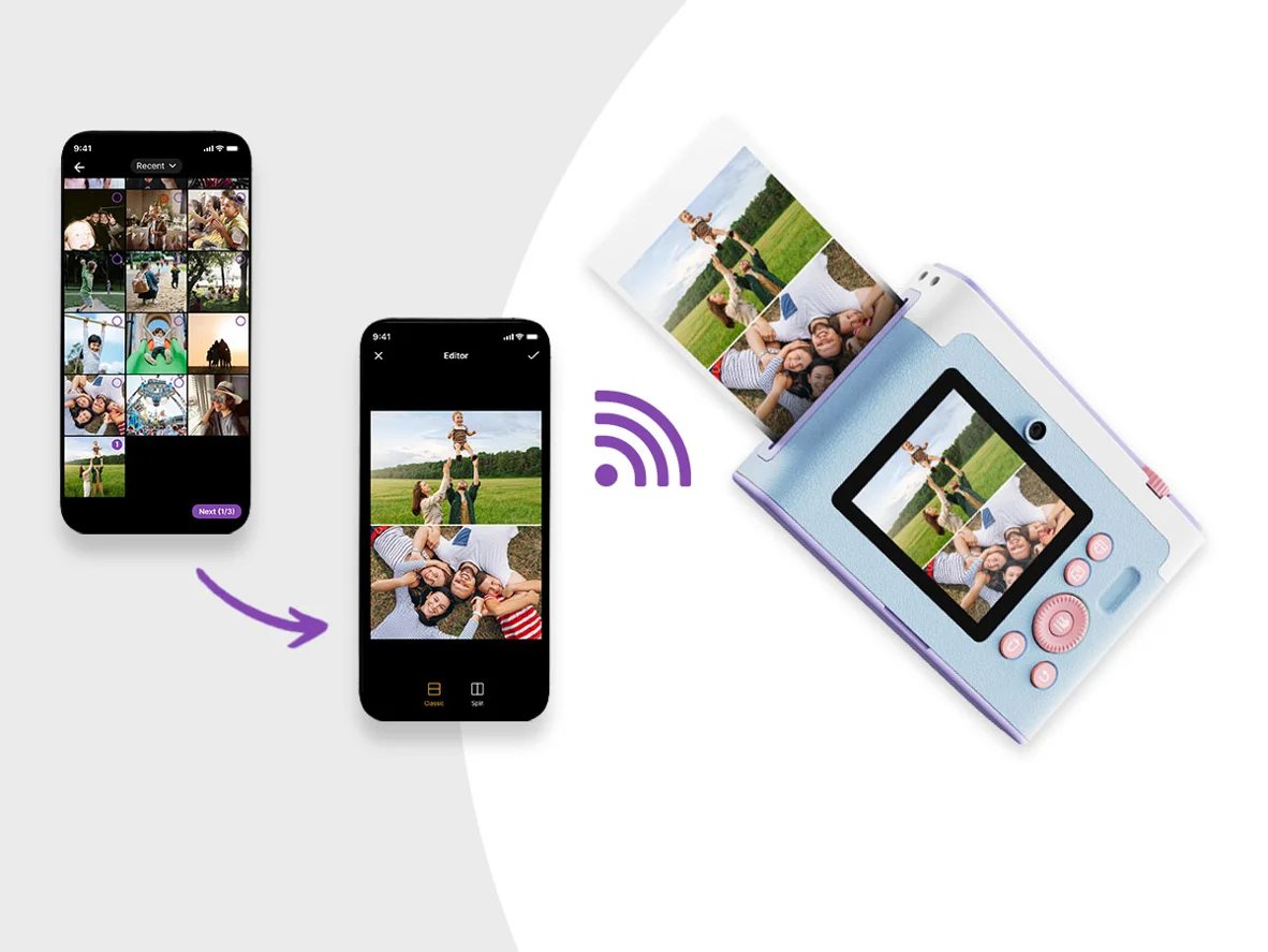 専用アプリ「myFirst Circle」でスマホの写真をカメラへ送りプリントする様子
