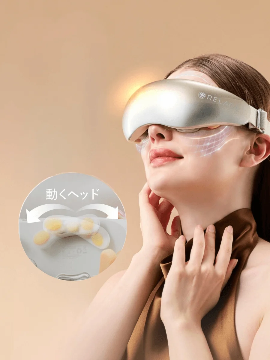 HEAT EyeCare Pro を装着した女性と、動くヘッドの拡大図