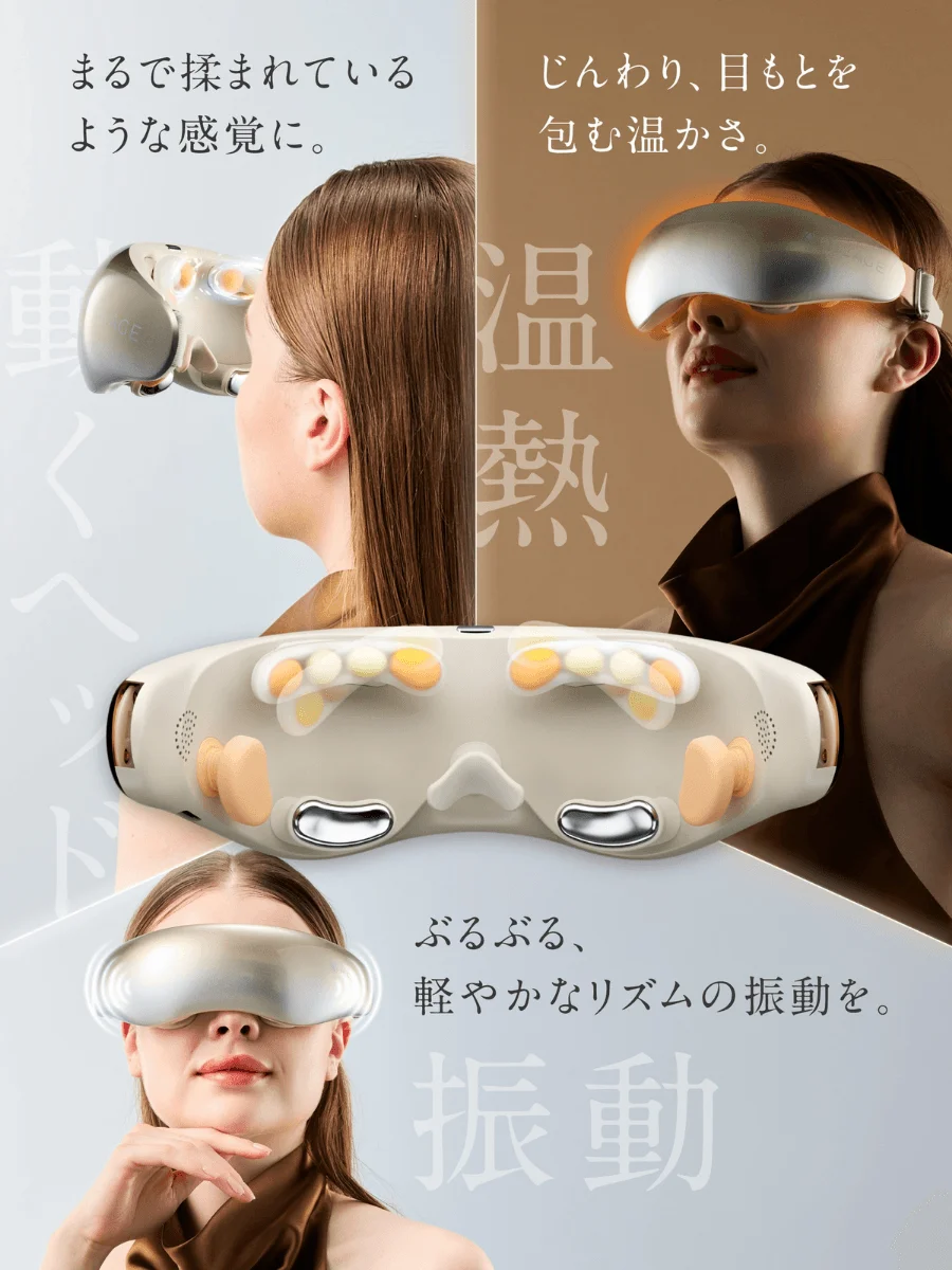 HEAT EyeCare Pro、動くヘッド・温熱・振動を示すアイケア機器