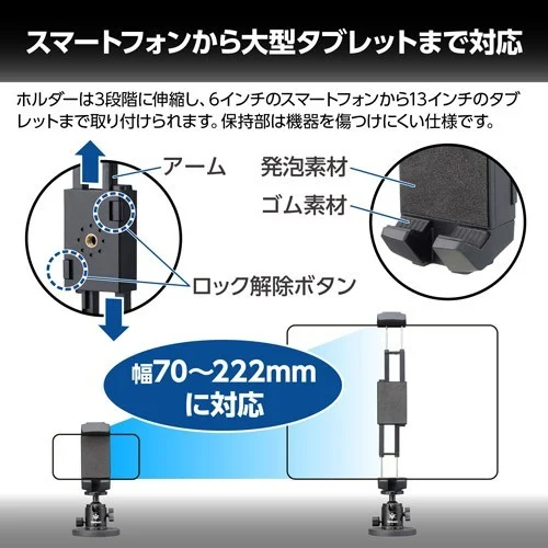 スマートフォンから大型タブレットまで対応するホルダーの解説図