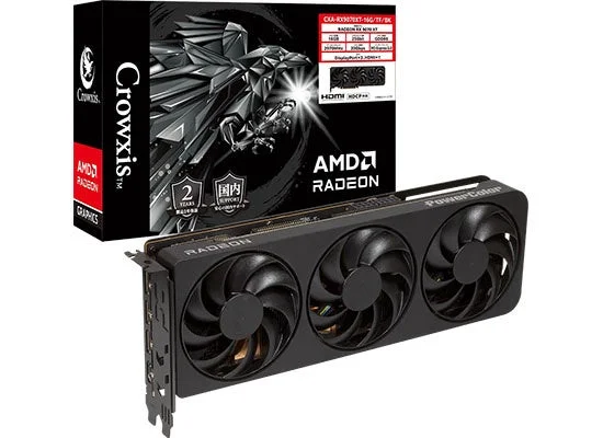 Crowxis Radeon RX 9070 XT トリプルファン搭載グラフィックボードと黒い製品パッケージ