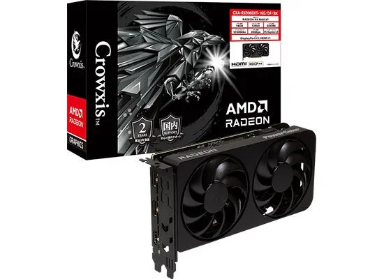 CXA-RX9060XT-16G/DF/BK Crowxis Radeon RX 9060 XT のパッケージと黒いデュアルファン搭載ボード