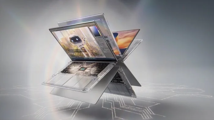 NVIDIA RTX Spark ノート PC。内部が透けて見える薄型機が開いた状態