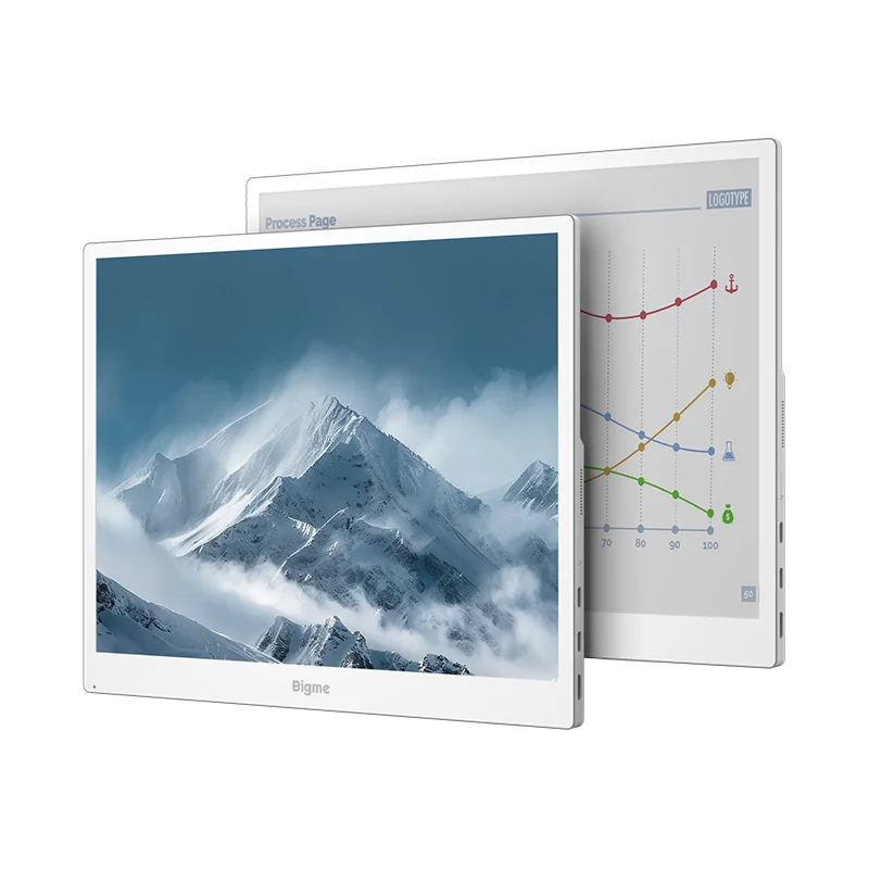 Bigme B13 Pro。山岳風景とグラフを表示する白い2台のモニター