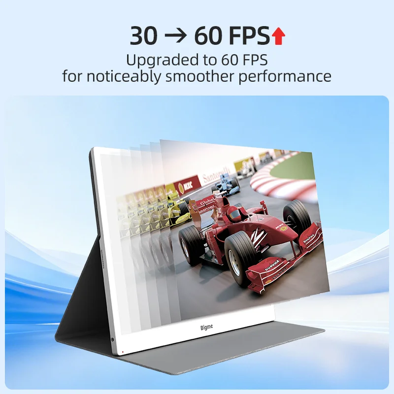 B13 Proの30FPSから60FPSへの向上を示す、レーシングカー表示のモニター