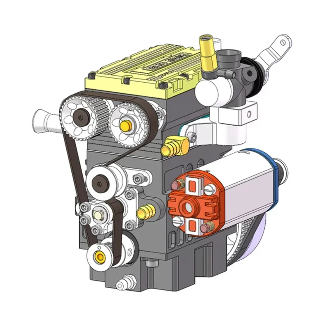 ST-FL2 水冷エンジンのCG。黄色いヘッドカバーとタイミングベルト、電動始動部が見える