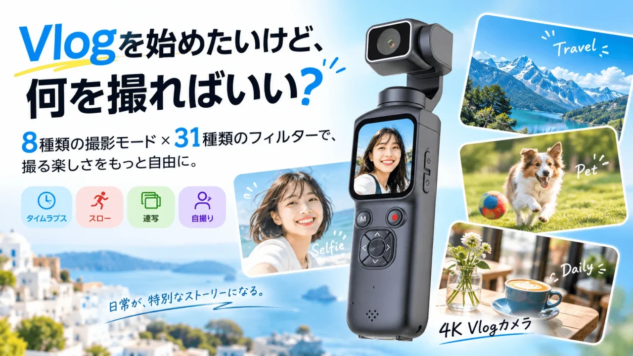4K Vlogカメラの告知ビジュアル。8種類の撮影モード×31種類のフィルター