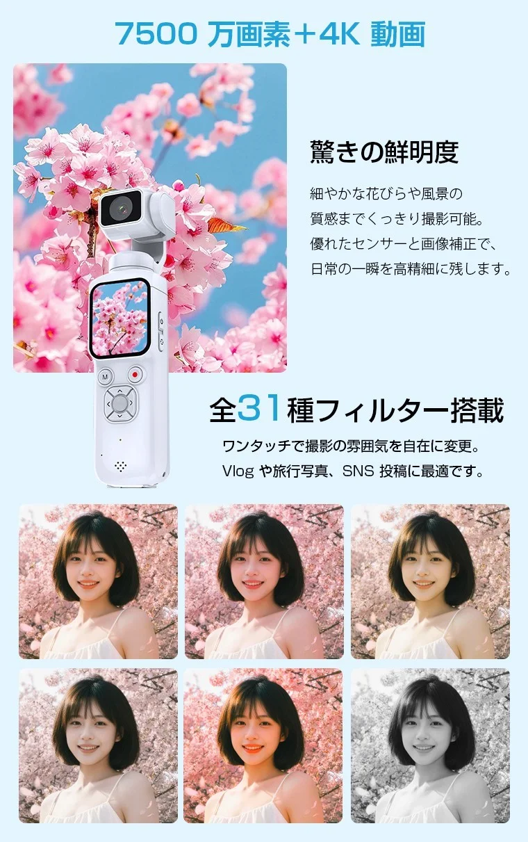 31種類のフィルターを搭載した4K Vlogカメラ。桜の人物写真6種の比較