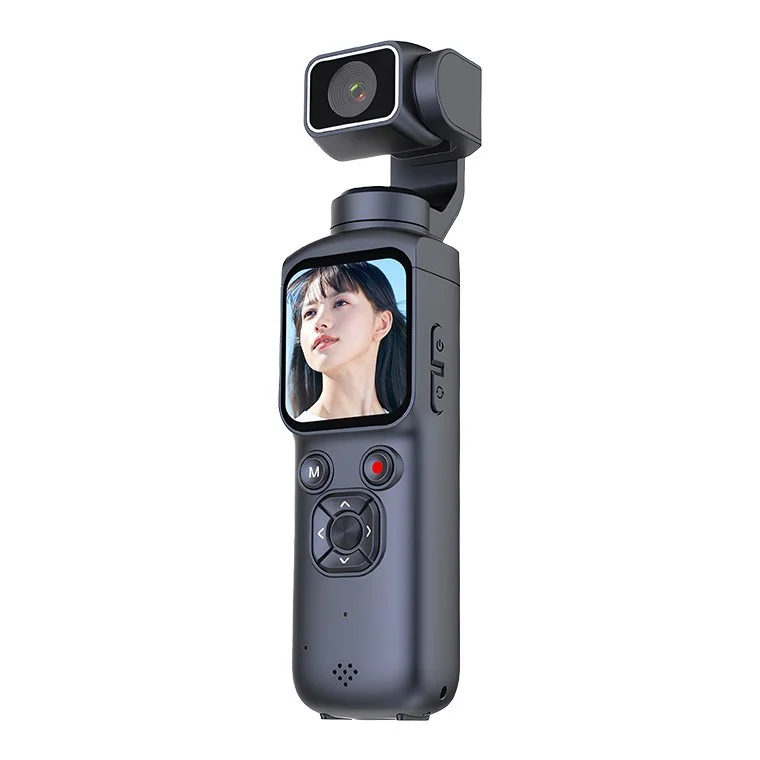 4K Vlogカメラの暗色本体。上部にレンズ、画面と操作ボタン付き