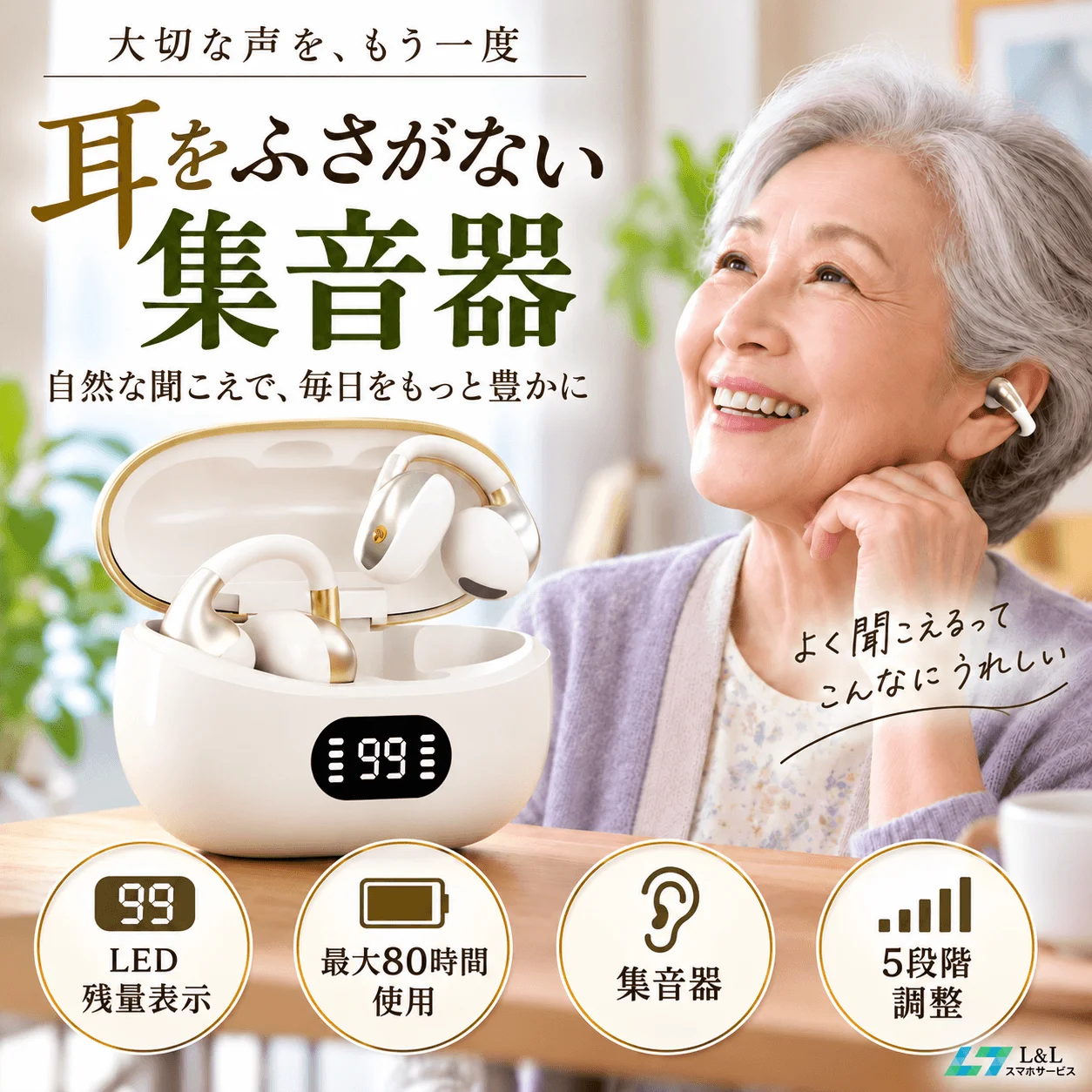 耳をふさがない集音器の告知画像。充電ケース入りイヤーカフ型と高齢女性