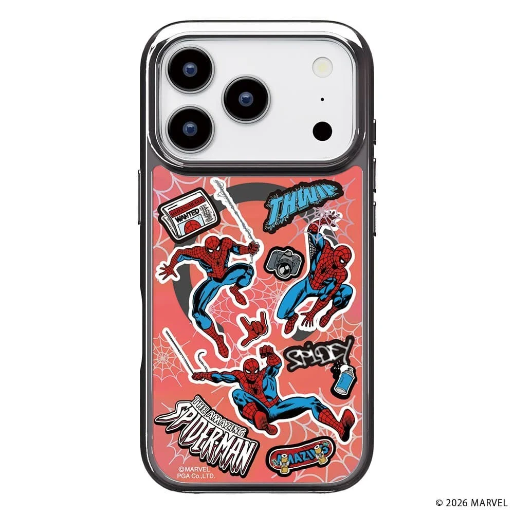 スパイダーマンのステッカー柄 MagSafe対応ハイブリッドケースを付けたiPhone
