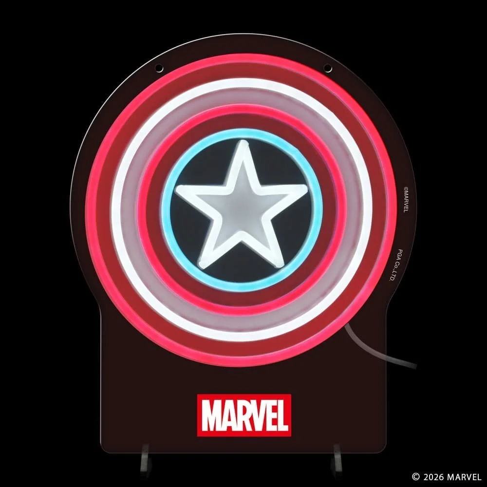 LEDネオンライト「シールド」。赤・白の同心円と星、MARVELロゴ入り
