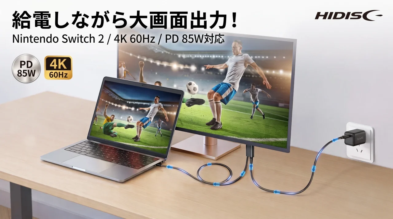 Type-C HDMI ミラーリングケーブルでノートPCとモニターを接続し充電する告知ビジュアル