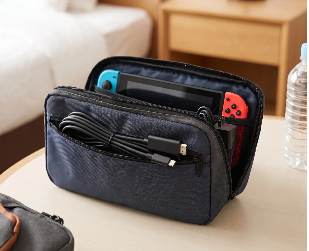 ポーチに収納されたNintendo Switchと、HDMI・Type-C端子のケーブル