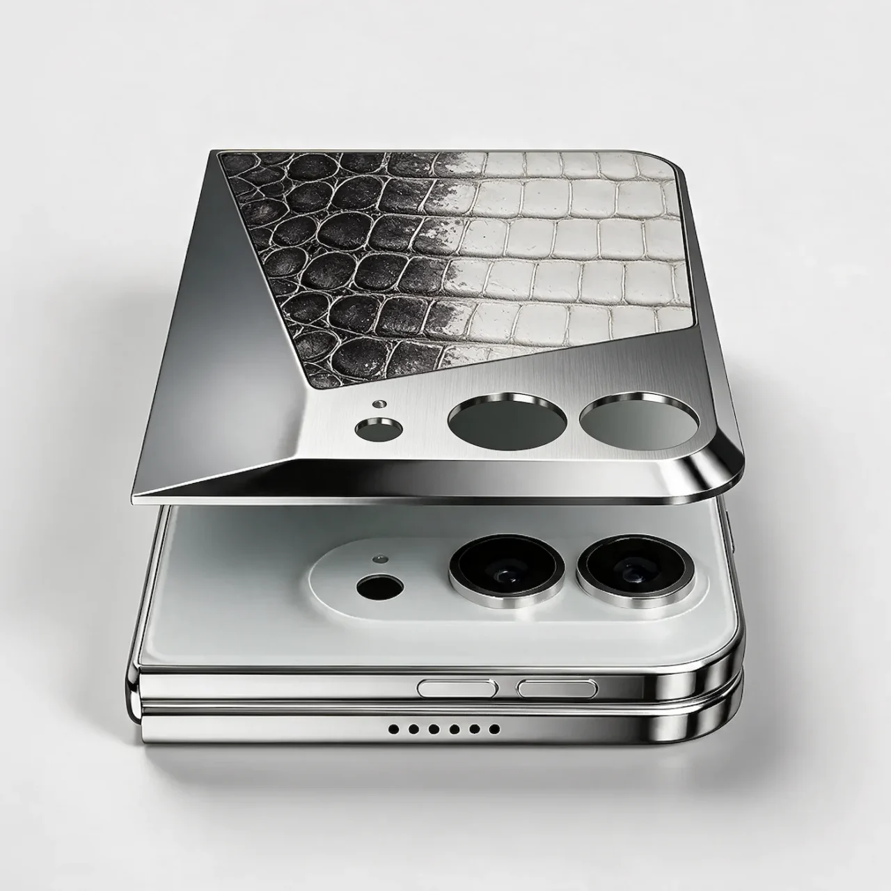 MAGNETIC SHIELD ケース。白黒の鱗模様レザーと金属の背面パネル