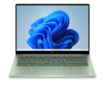 HP OmniBook 5 14の正面。淡いグリーンのボディで青い花模様の壁紙を表示