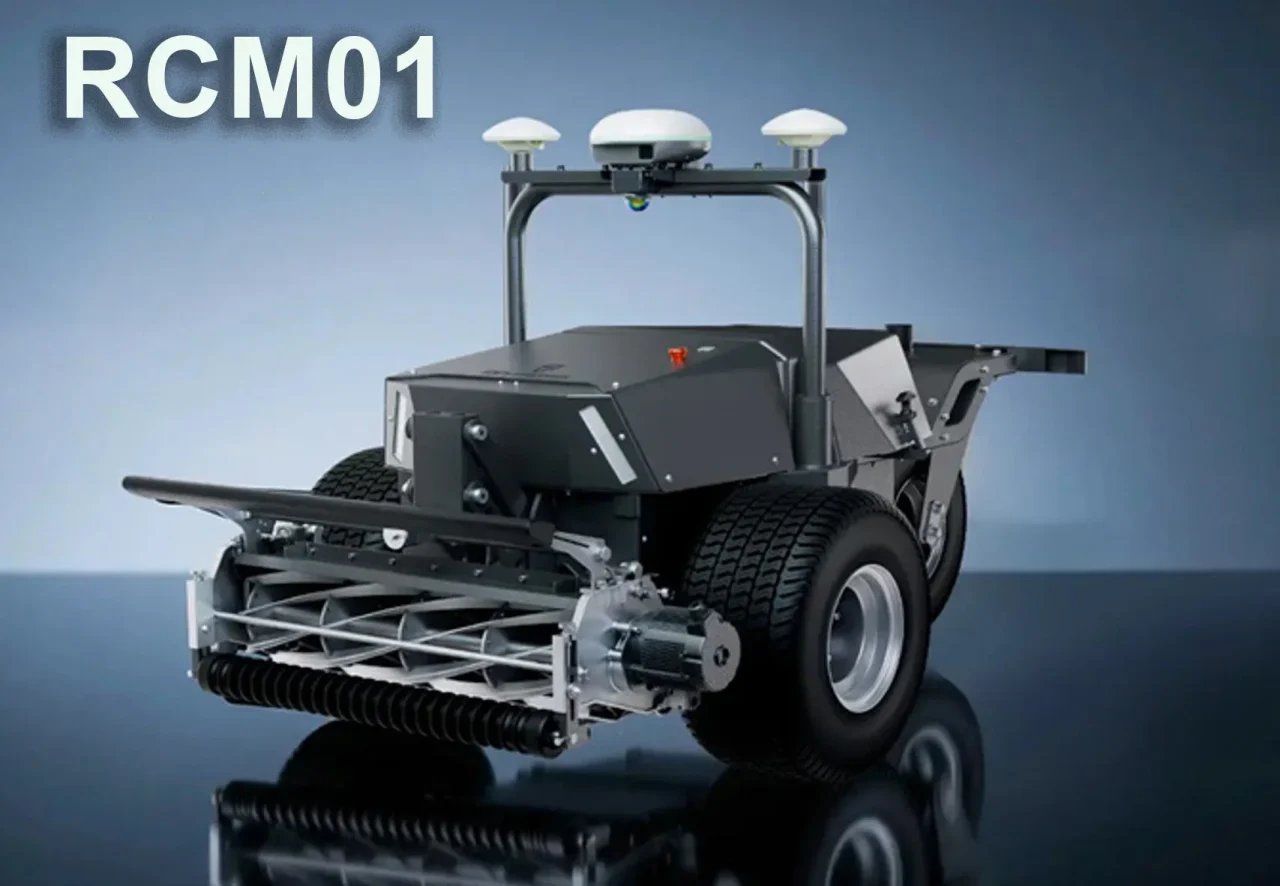 リールモア型芝刈りロボット『RCM01』の外観。前部に刃、上部にアンテナ