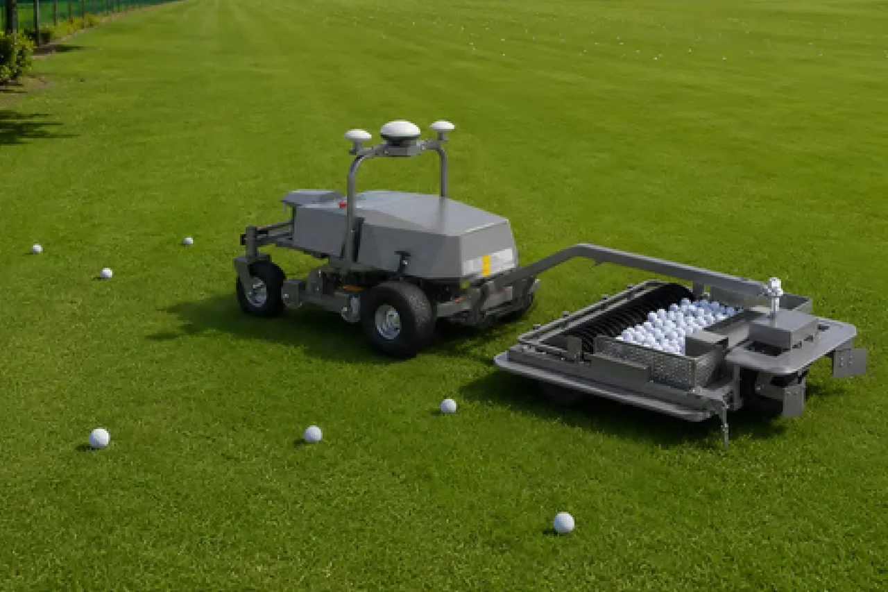 芝生上でゴルフボールを集めるボールピッカーを付けた灰色のロボット