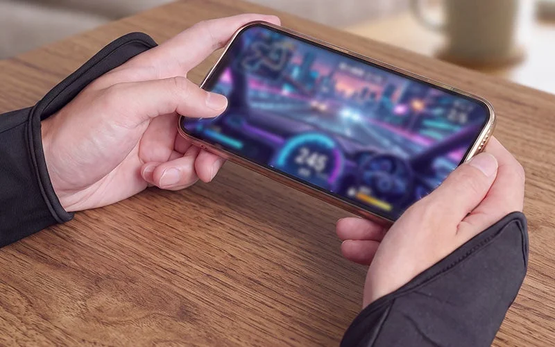 ゲーミング手甲ヒーターを着け、手のひらを出してスマホゲームを遊ぶ両手