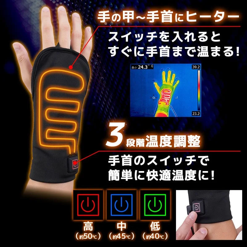 ゲーミング手甲ヒーターの発熱部と3段階温度調整を示す説明画像