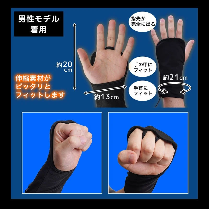 ゲーミング手甲ヒーターを男性モデルが着用、指先が出て手の甲にフィット