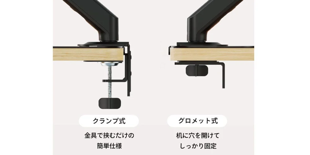 クランプ式とグロメット式の設置方法を比較したモニターアームの取り付け図
