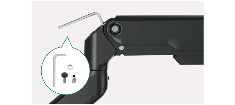 届いてすぐに設置できる同梱工具の六角レンチとネジ類、黒いモニターアームの関節部