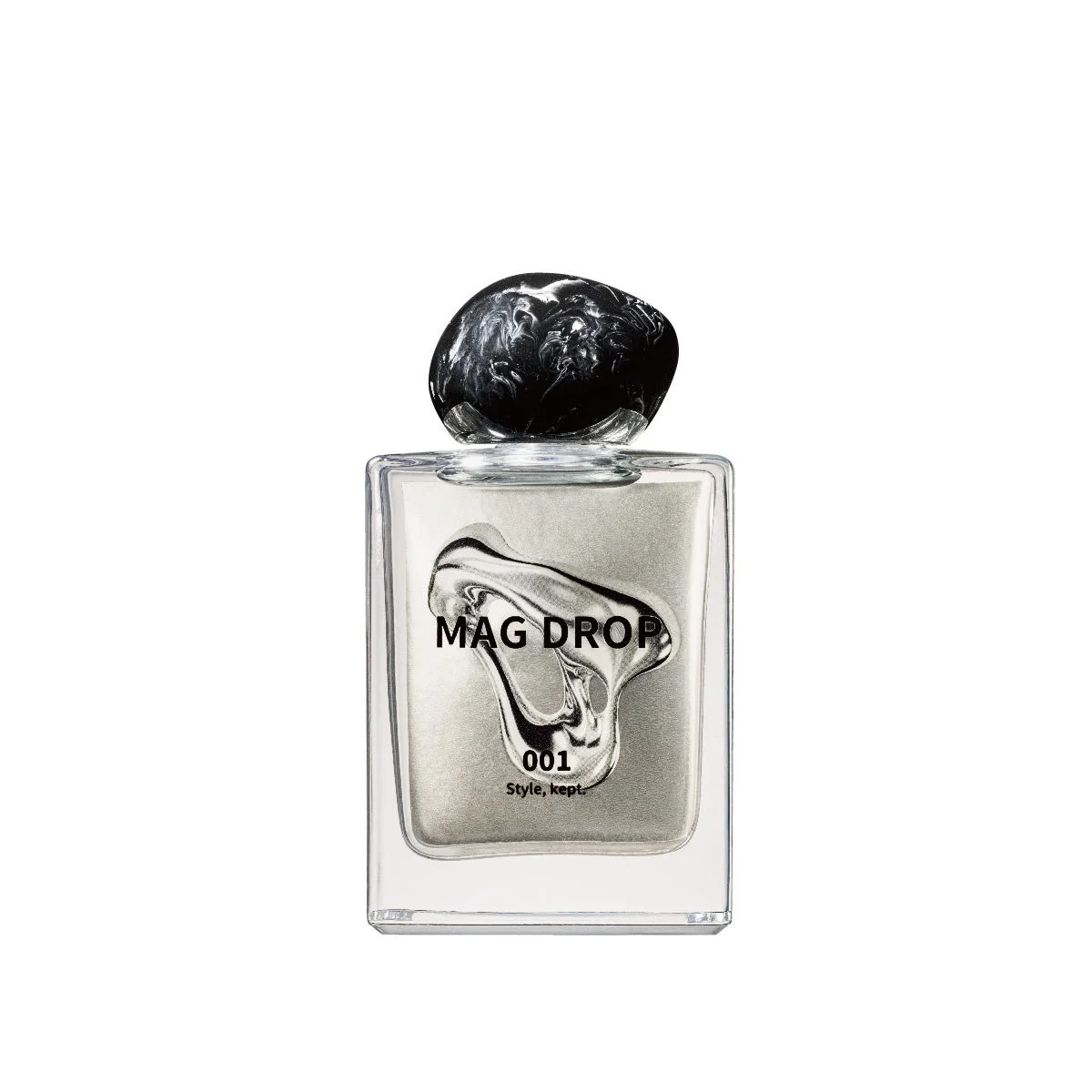 MAG DROP 001（50mL）の角型ガラスボトル。黒い石調キャップ