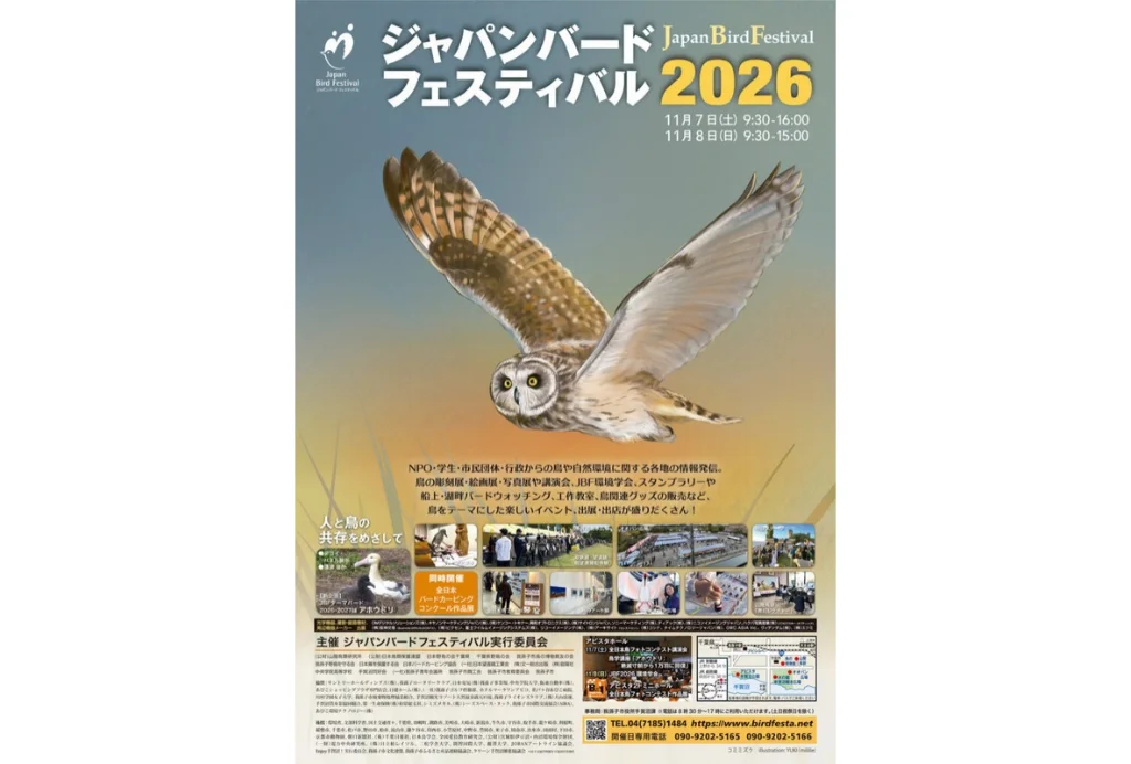 ジャパンバードフェスティバル2026の告知ポスター。翼を広げ飛ぶフクロウ