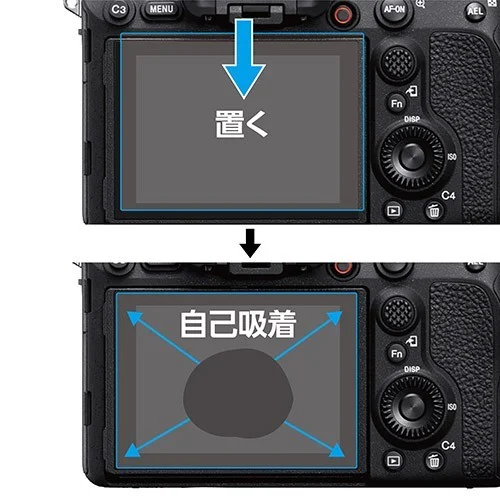置くだけで貼り付く:カメラ背面液晶にフィルムを置き自己吸着で広がる図