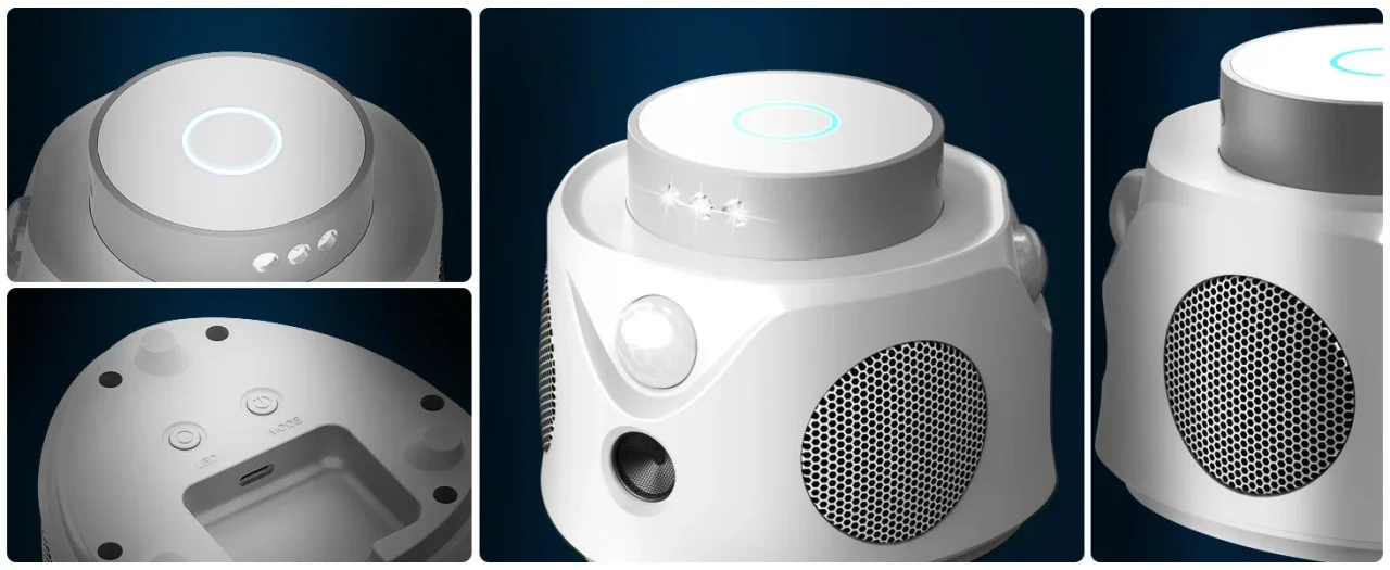 360°方向へ超音波を放射する白い害獣・害虫対策器の各部アップ