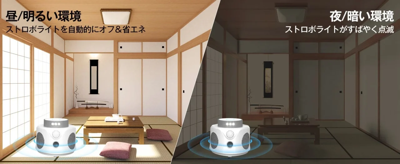 和室で昼は明るく夜は暗い環境に置かれた超音波式害獣・害虫対策器の比較
