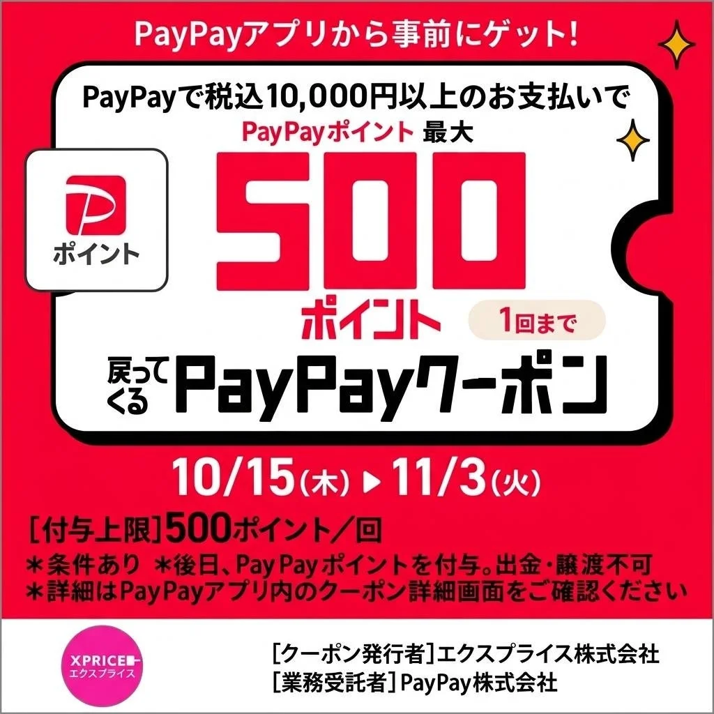 PayPayポイントが最大500ポイント戻ってくるPayPayクーポンの告知画像