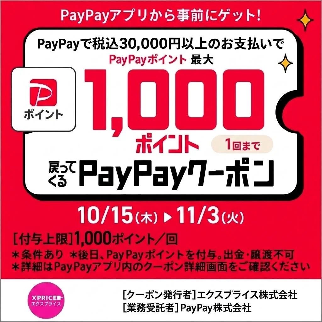PayPayポイント最大1,000ポイントが戻るPayPayクーポンの告知画像