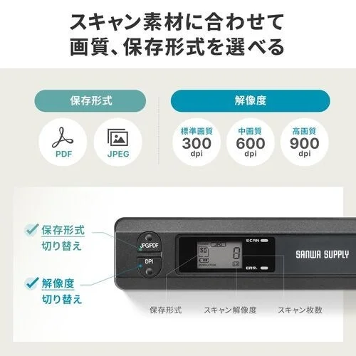 保存形式と解像度300・600・900dpiを選べるハンディスキャナの本体表示部