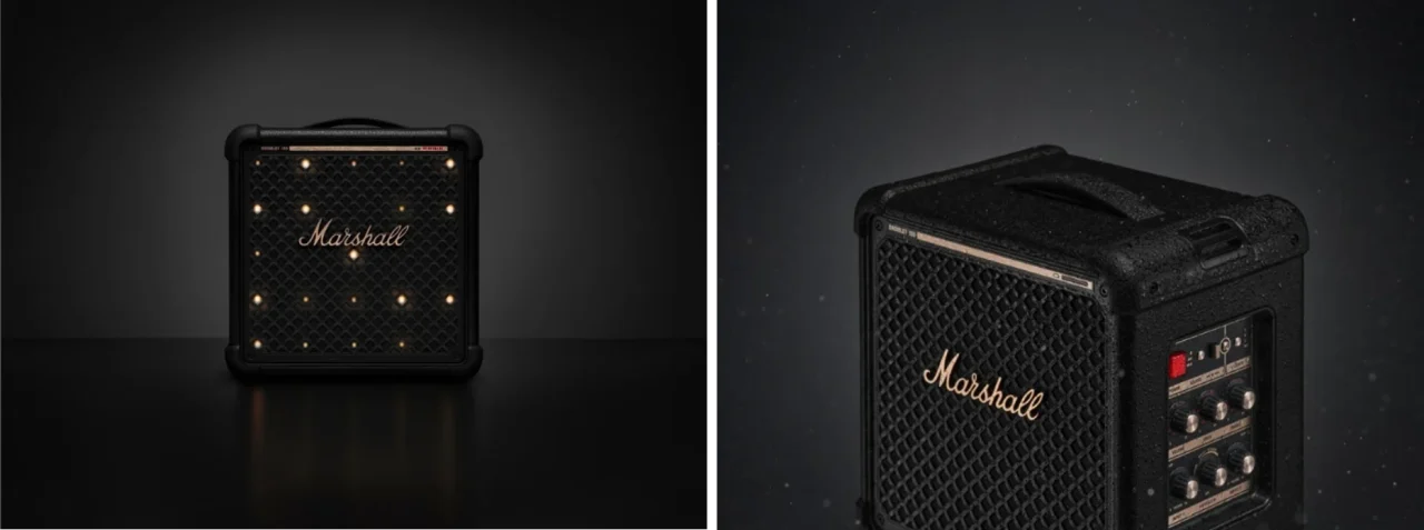 Marshall Bromley 150の正面と側面。黒いグリルが光り、操作パネルとハンドルが見える
