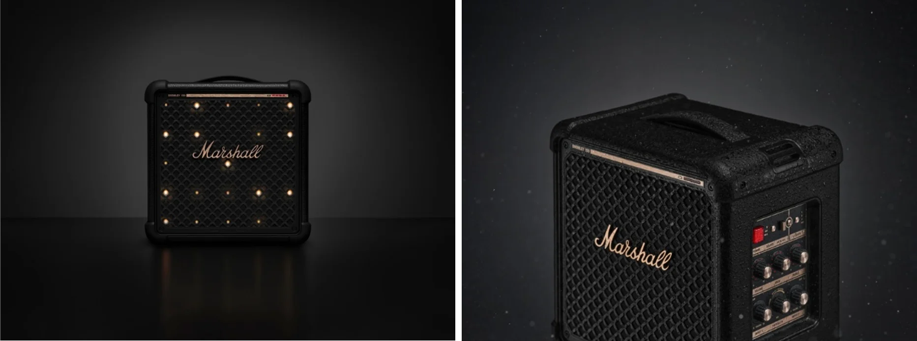 Marshall Bromley 150の正面と側面。黒いグリルが光り、操作パネルとハンドルが見える