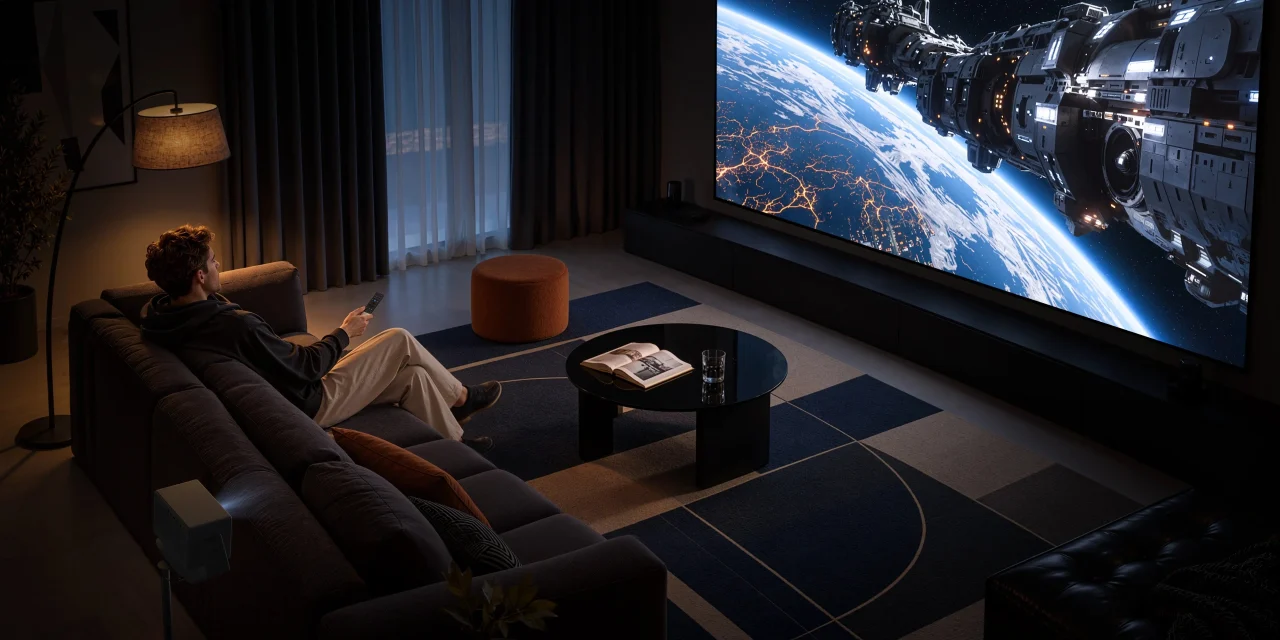 暗いリビングで大画面に宇宙の映像を映して視聴する利用シーン