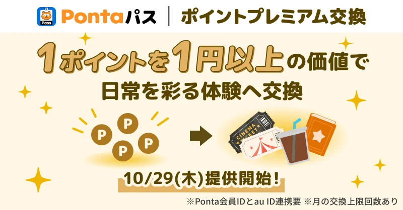 Pontaパス ポイントプレミアム交換の告知。ポイントがチケットやドリンクなどに交換される図