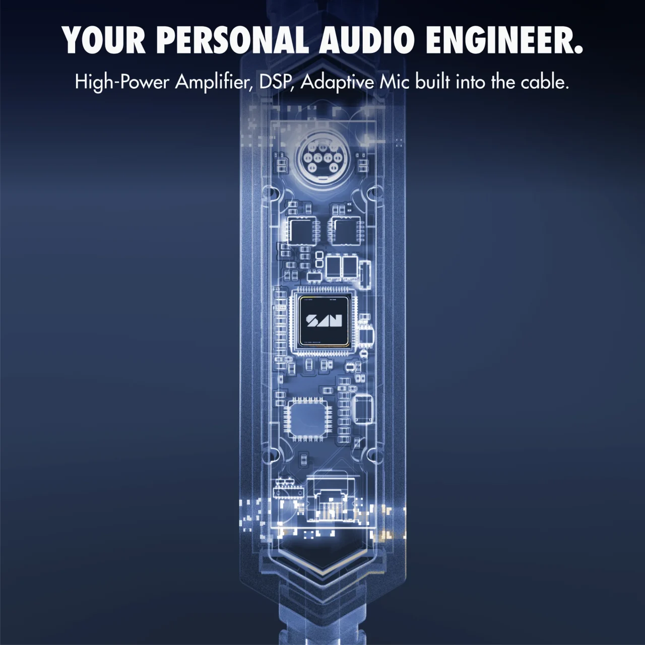 ケーブル内蔵の独自「Audio Cortex」の基板を透過表示したイメージ