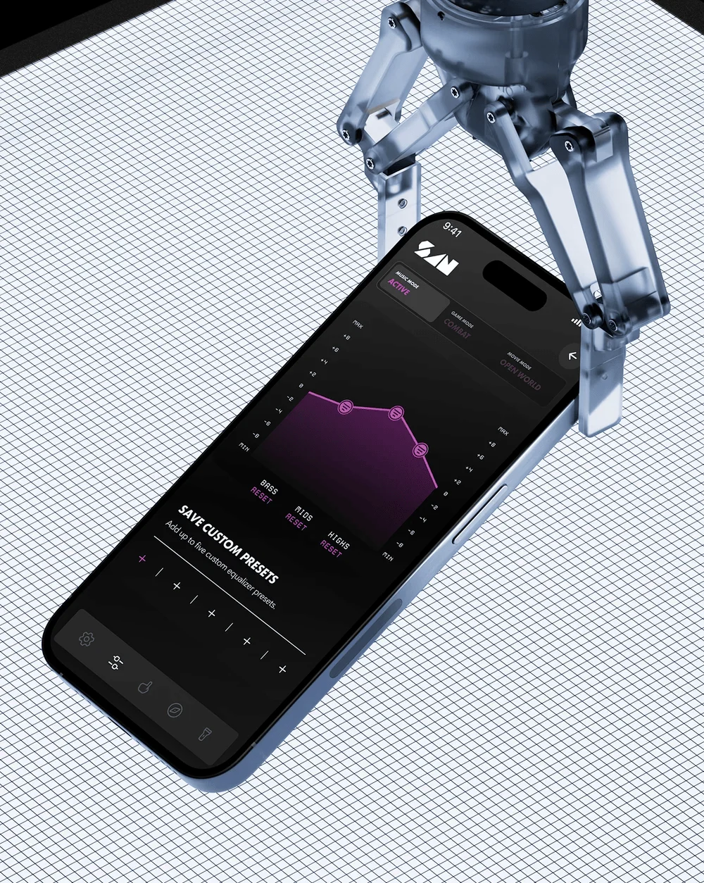 専用アプリ「Soundscape」のEQ調整画面を表示したスマートフォン