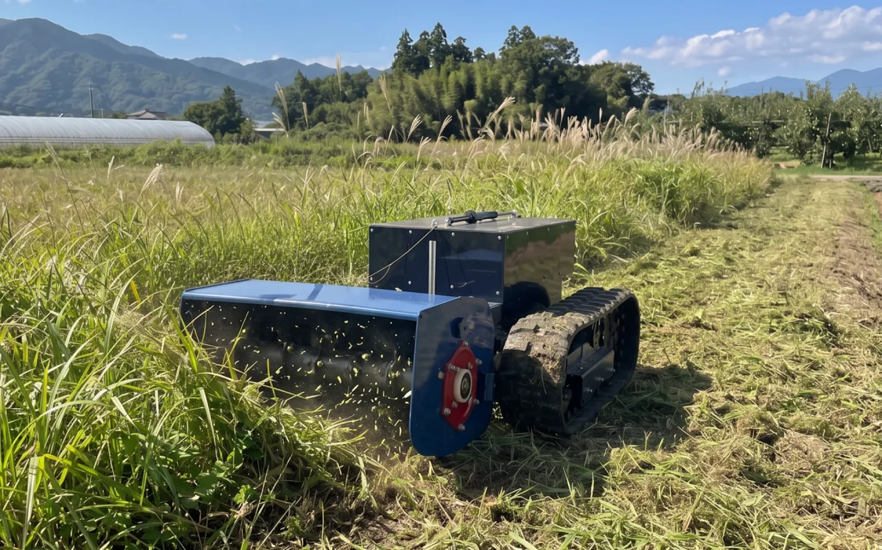 草地で草刈りユニットを装着し走行するmapry M3