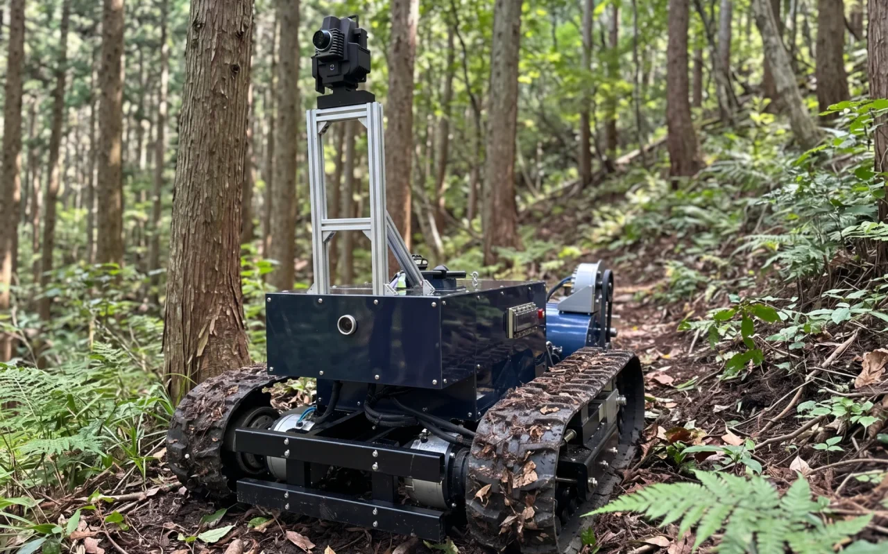 森林の斜面を走る小型クローラー「mapry M3」。上部にカメラ搭載