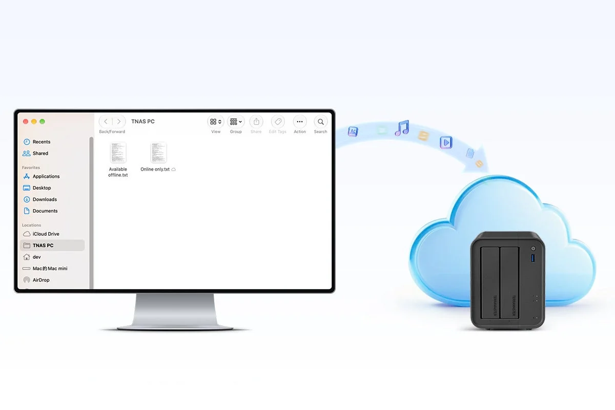 MacのFinderでTNAS PCを表示し、TNASへファイルが同期されるオンデマンド同期のイメージ