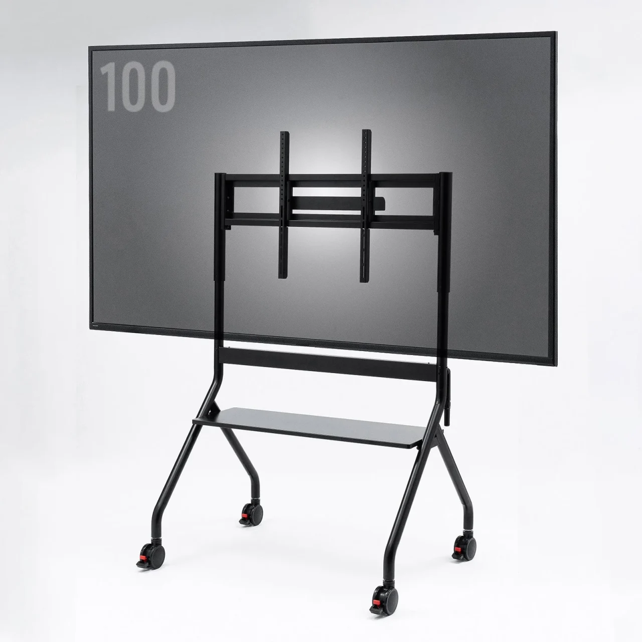 100型ディスプレイを載せた手動昇降ディスプレイスタンド CR-PL72BK