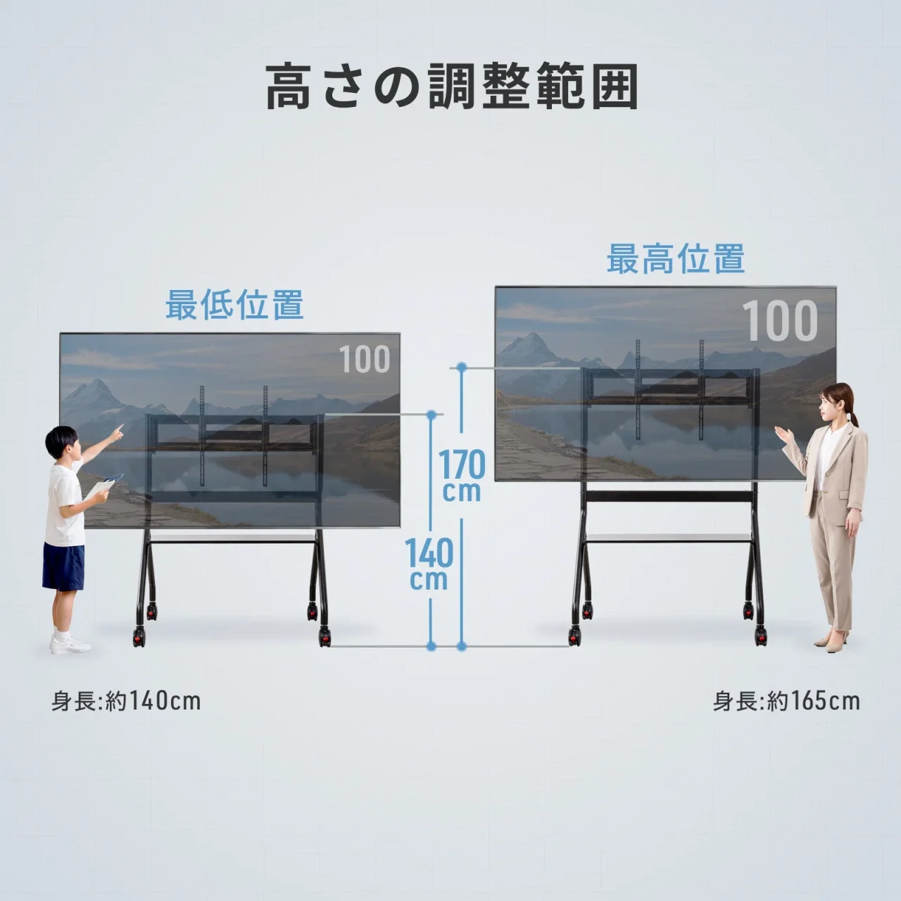 ハンドル操作でスムーズ昇降:最低位置140cmと最高位置170cmの高さ調整範囲