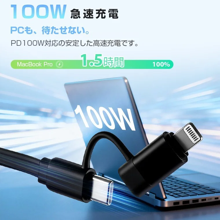 Type 2 4in1マルチケーブルのType-CとLightning端子、100W急速充電
