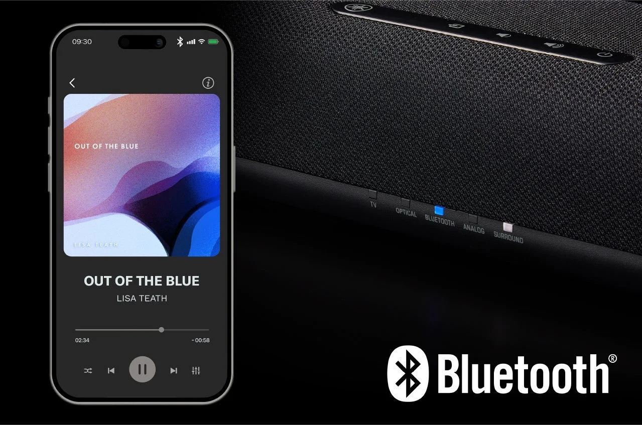 Bluetooth®ワイヤレス音楽再生の画面とサウンドバー本体のBluetooth表示