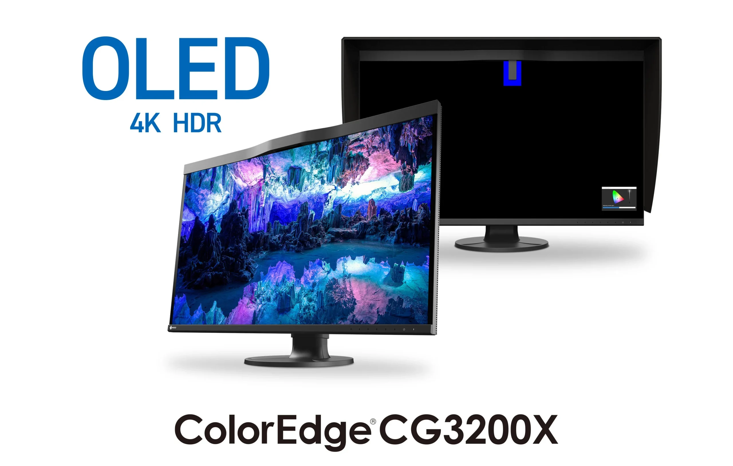 ColorEdge CG3200Xの前面と背面。OLED 4K HDR表記と遮光フード付きモニター