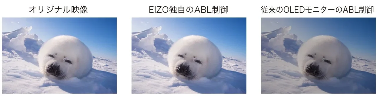 オリジナル映像、EIZO独自のABL制御、従来のOLEDモニターのABL制御の比較